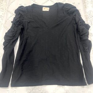 NATION LTD Renee puff shirred long sleeved v neck top in BLACK